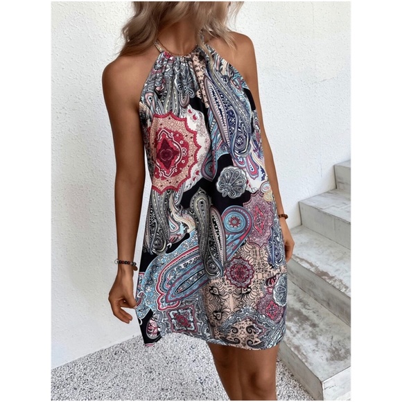 Boho Floral Paisley Halter Mini Dress - Picture 13 of 13